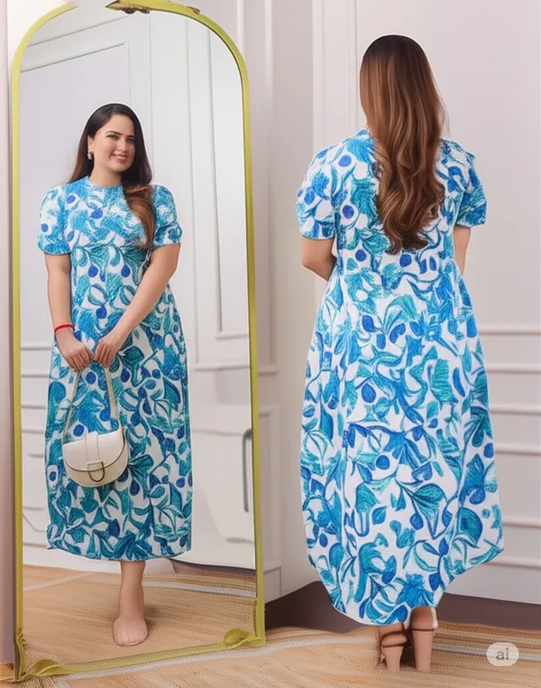 Light_Blue_Cotton_Blend_Floral_Print_Short_Sleeve_Round_Neck_Calf_Length_Anarkali_Kurta_For_Women_&_Girls