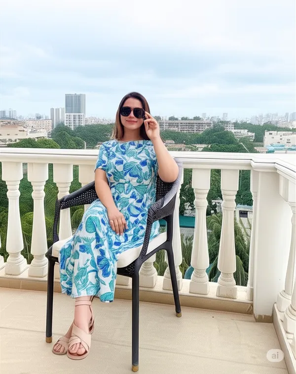Light_Blue_Cotton_Blend_Floral_Print_Short_Sleeve_Round_Neck_Calf_Length_Anarkali_Kurta_For_Women_&_Girls