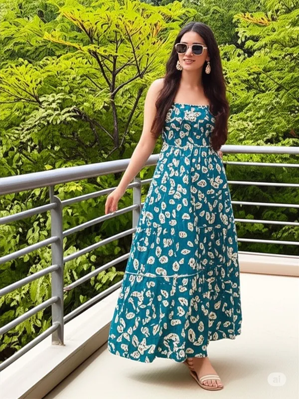 Blue_Cotton_Blend_Calf_Length_A-Line_Dress_For_Women