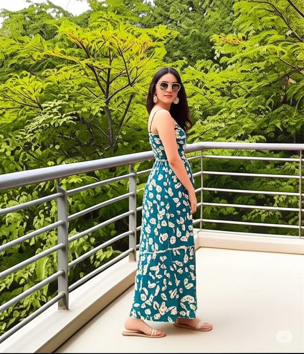 Blue_Cotton_Blend_Calf_Length_A-Line_Dress_For_Women