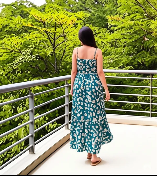 Blue_Cotton_Blend_Calf_Length_A-Line_Dress_For_Women