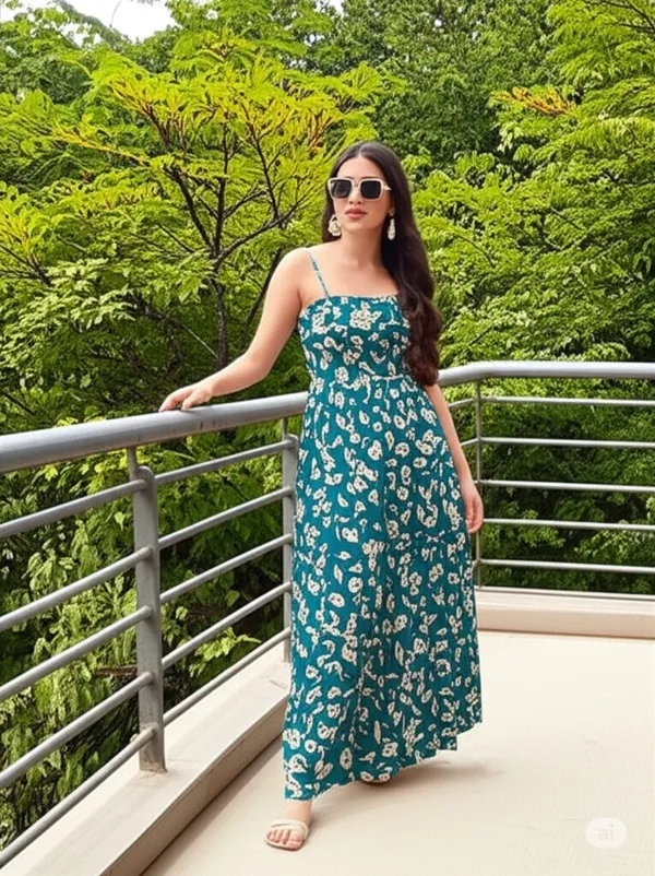 Blue_Cotton_Blend_Calf_Length_A-Line_Dress_For_Women