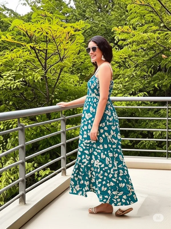 Blue_Cotton_Blend_Calf_Length_A-Line_Dress_For_Women