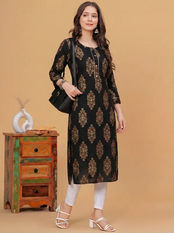 Rayon_Gold_Printed_Black_Straight_Kurti