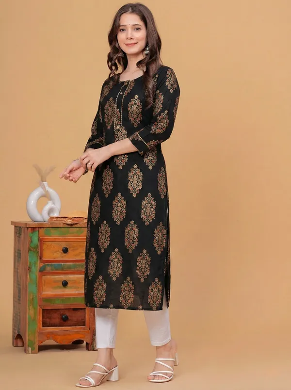 Rayon_Gold_Printed_Black_Straight_Kurti