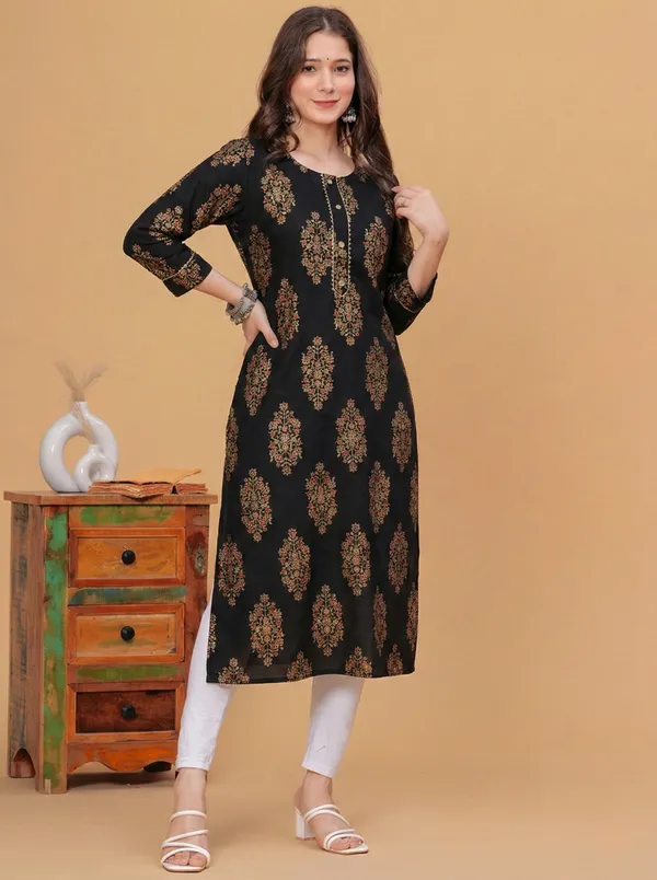 Rayon_Gold_Printed_Black_Straight_Kurti