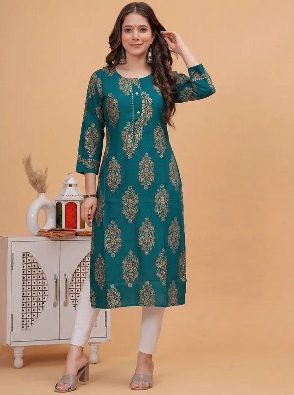 Rayon_Gold_Printed_Green_Straight_Kurti