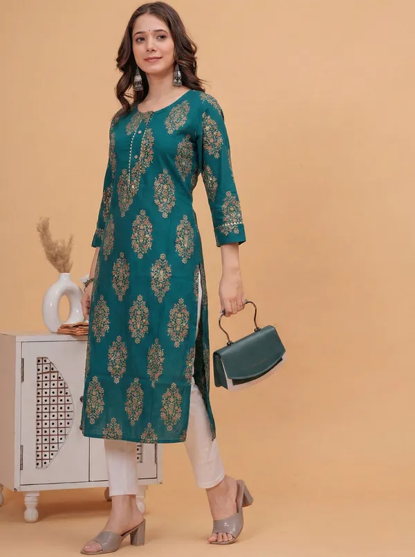 Rayon_Gold_Printed_Green_Straight_Kurti