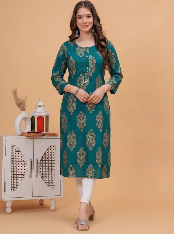 Rayon_Gold_Printed_Green_Straight_Kurti