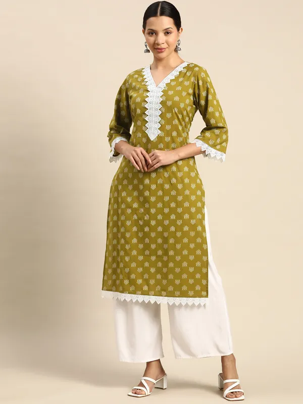 Rayon_Green_Printed_Lace_work_Straight_Kurti