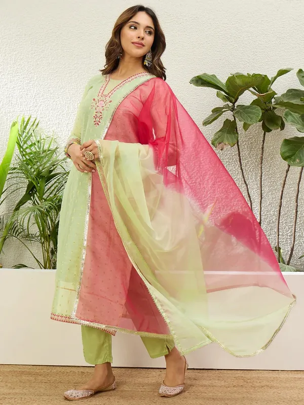 Women's_Pista_Green_Embroidered_Yoke_Design_Straight_Kurta_Pant_Set_with_Ombre_Dupatta