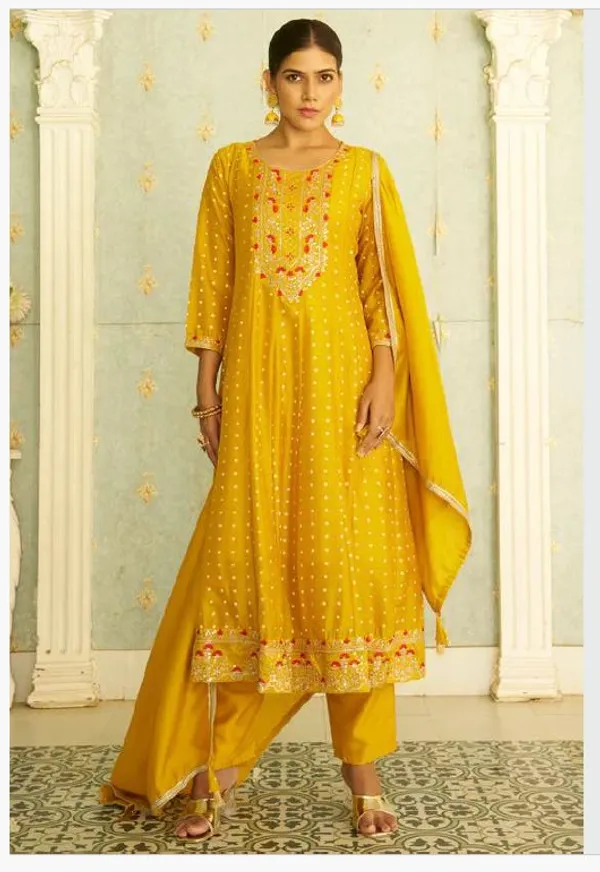 Women_silk_blend_Kurta__Sets_Pant_and__dupatta_With_four_side_lace