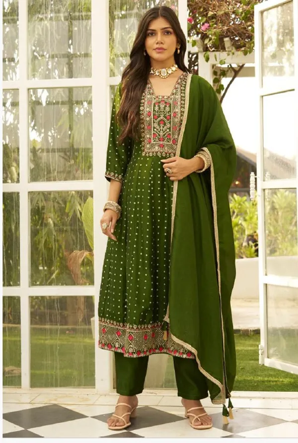 Women_silk_blend_Kurta__Sets_Pant_and__dupatta_With_four_side_lace