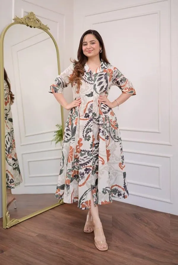 Multicolor_Cotton_Blend_V_Neck_Calf_Length_Floral_Print_Kurti_&_Pyjama_For_Women