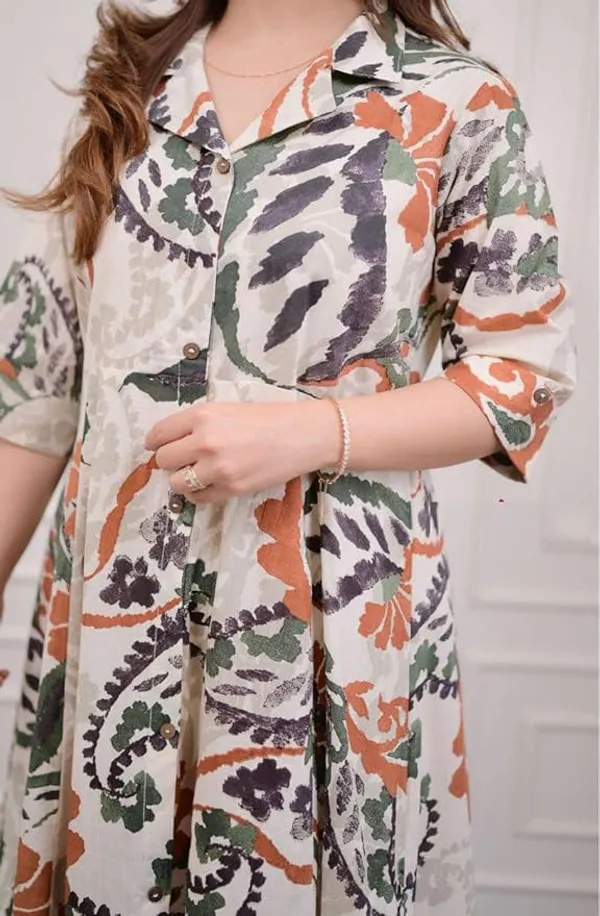 Multicolor_Cotton_Blend_V_Neck_Calf_Length_Floral_Print_Kurti_&_Pyjama_For_Women
