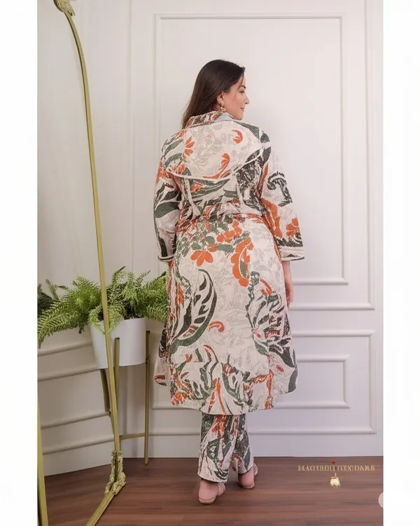 Multicolor_Cotton_Blend_V_Neck_Calf_Length_Floral_Print_Kurti_&_Pyjama_For_Women