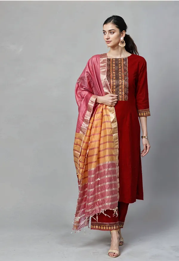 Red_Boat_Neck_Designer_Kurta_Palazzo_With_Dupatta__Set_Push_Premium_For_Women