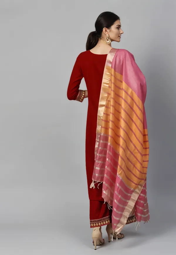 Red_Boat_Neck_Designer_Kurta_Palazzo_With_Dupatta__Set_Push_Premium_For_Women