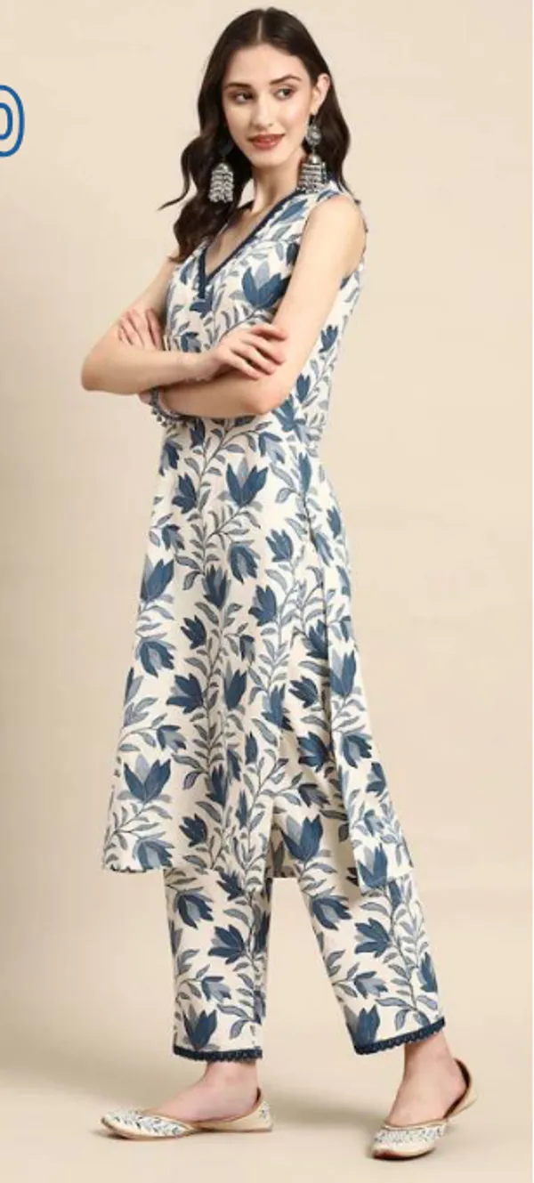 Blue_And_CreamV_Neck_Sleeveless_Long_Kurta_Coord_Set_Push_Premium_For_Women