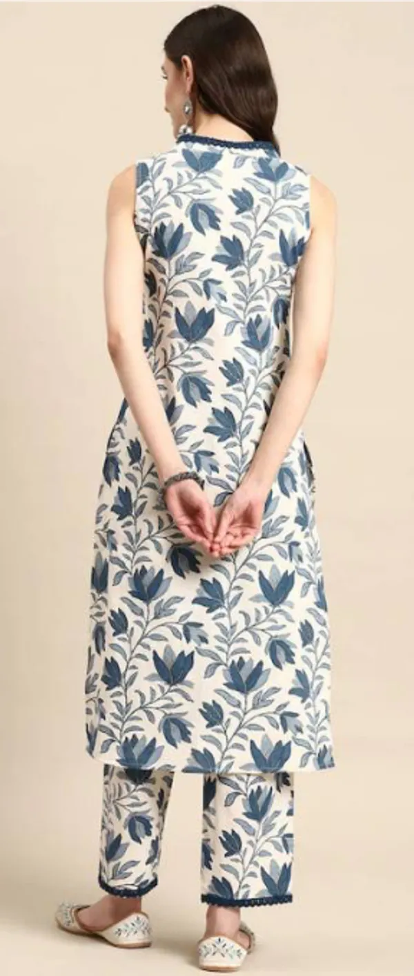 Blue_And_CreamV_Neck_Sleeveless_Long_Kurta_Coord_Set_Push_Premium_For_Women