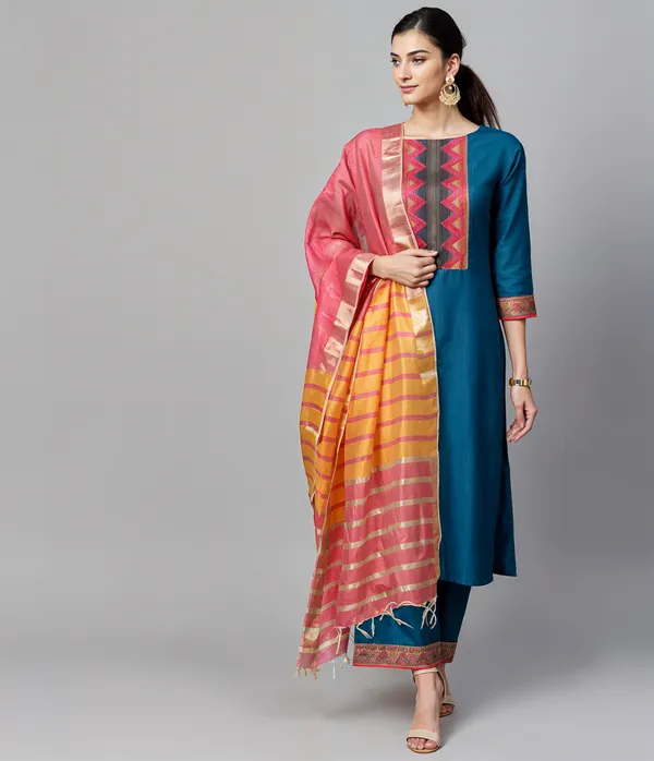 Teal_Blue_Boat_Neck_Designer_Kurta_Palazzo_With_Dupatta__Set_Push_Premium_For_Women