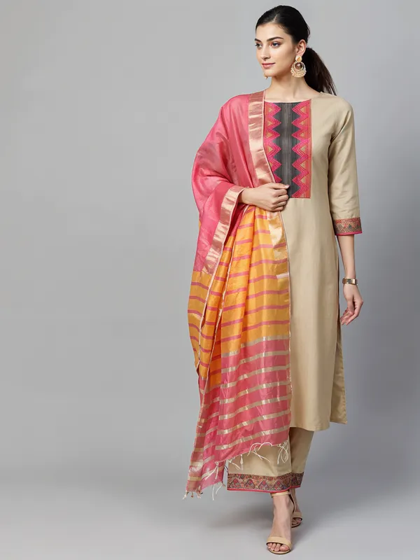 Biege_Boat_Neck_Designer_Kurta_Palazzo_With_Dupatta__Set_Push_Premium_For_Women