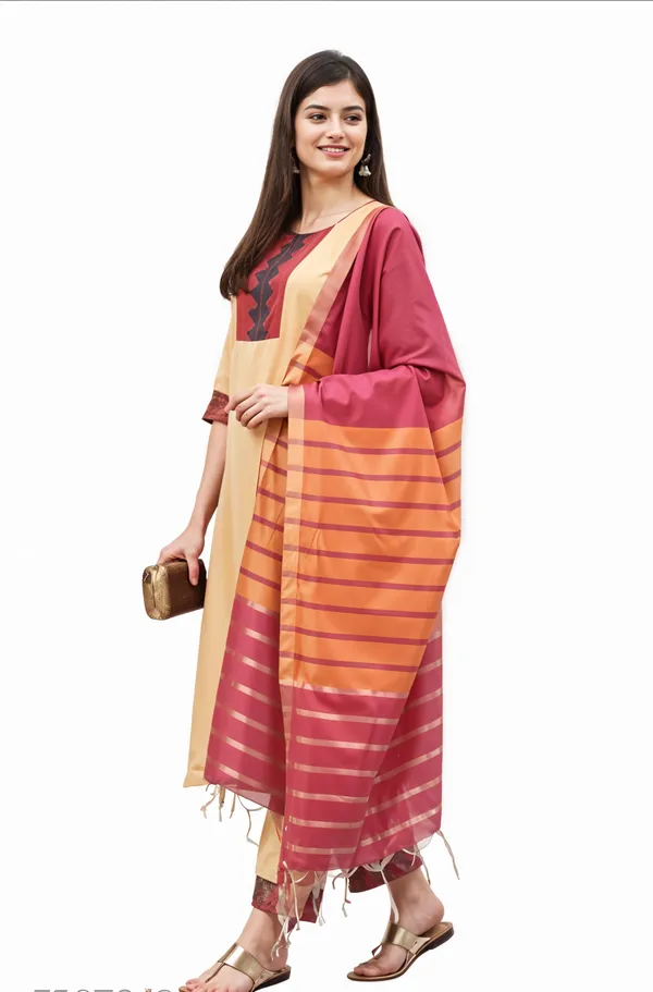 Biege_Boat_Neck_Designer_Kurta_Palazzo_With_Dupatta__Set_Push_Premium_For_Women