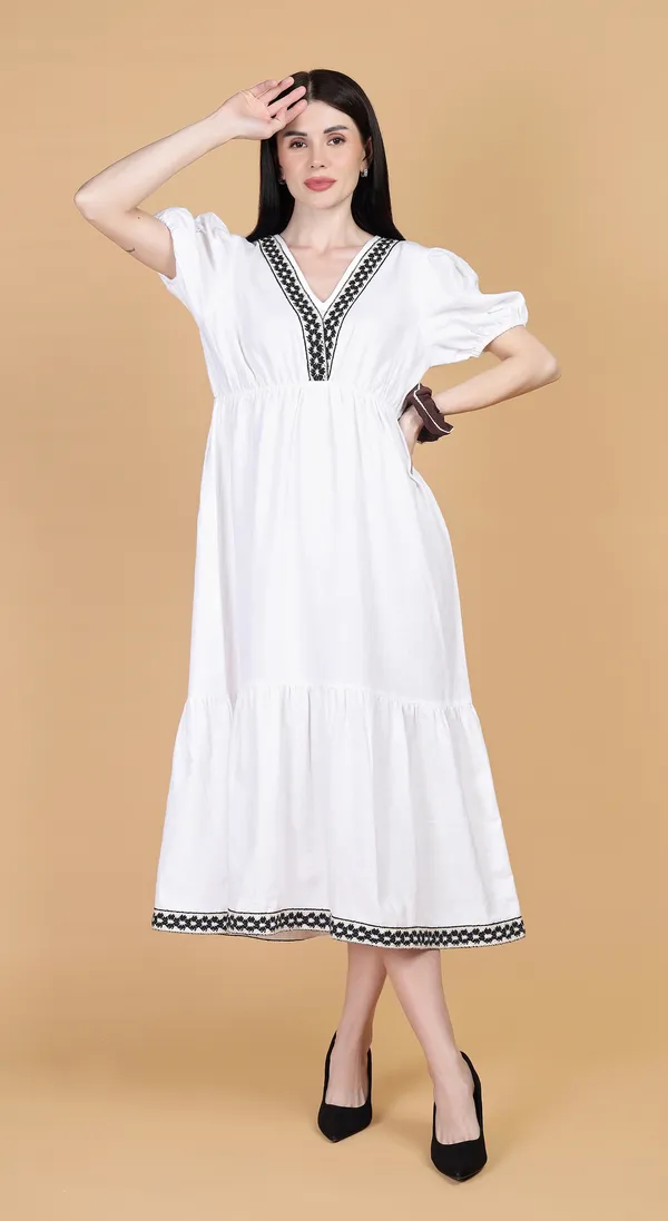 White_Woven_Cotton_Linen_A-line_Midi_Dress_with_soft_gathers