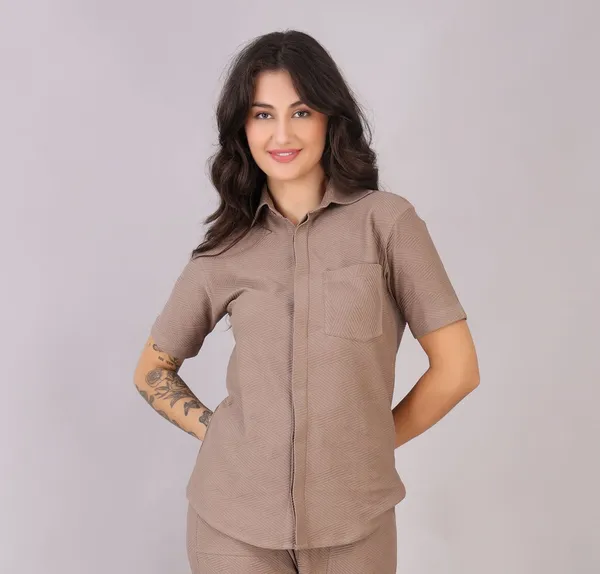 Brown_Cotton_Jacquard_Knitted_Fabric_Western_Wear_Shirt_With_Single_Pocket_and_Hidden_Button_Placket