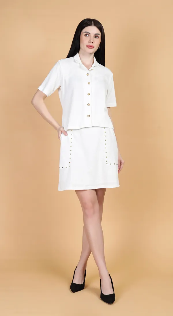 White_Knitted_Premium_Cotton_jacquard_Top_&_Skirt_Co-ord_SET_with_Complimentary_Scrunchie