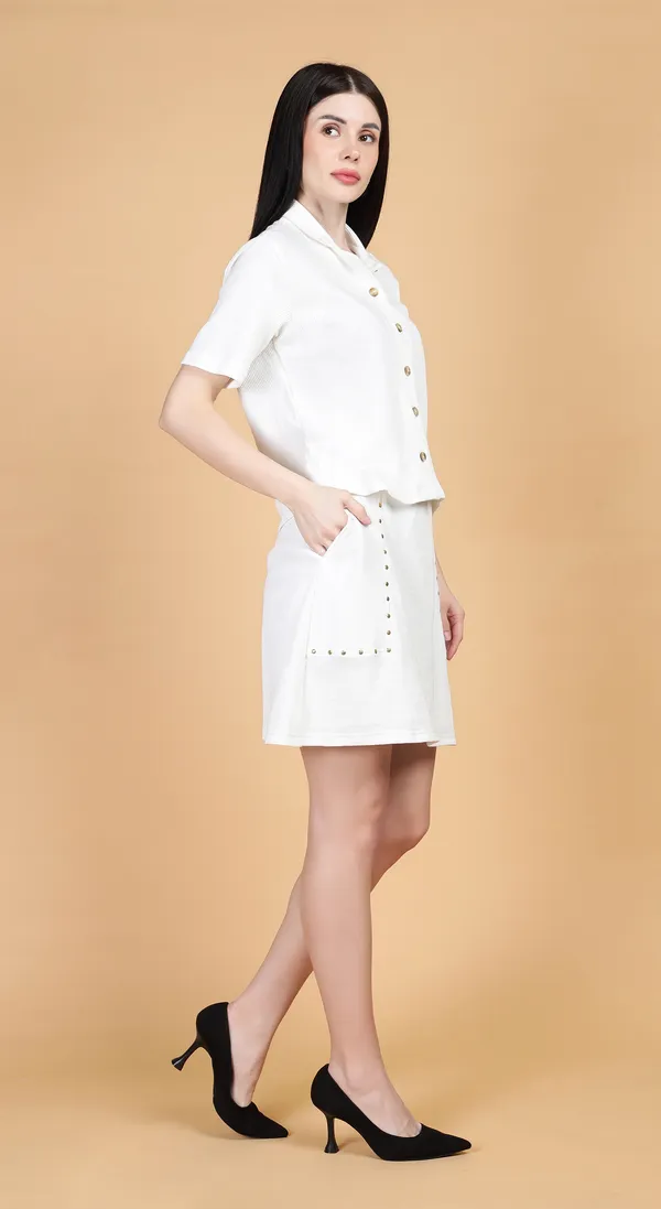 White_Knitted_Premium_Cotton_jacquard_Top_&_Skirt_Co-ord_SET_with_Complimentary_Scrunchie