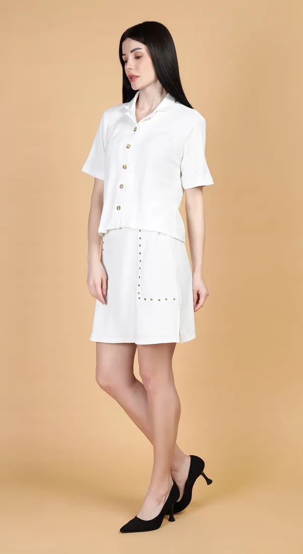 White_Knitted_Premium_Cotton_jacquard_Top_&_Skirt_Co-ord_SET_with_Complimentary_Scrunchie