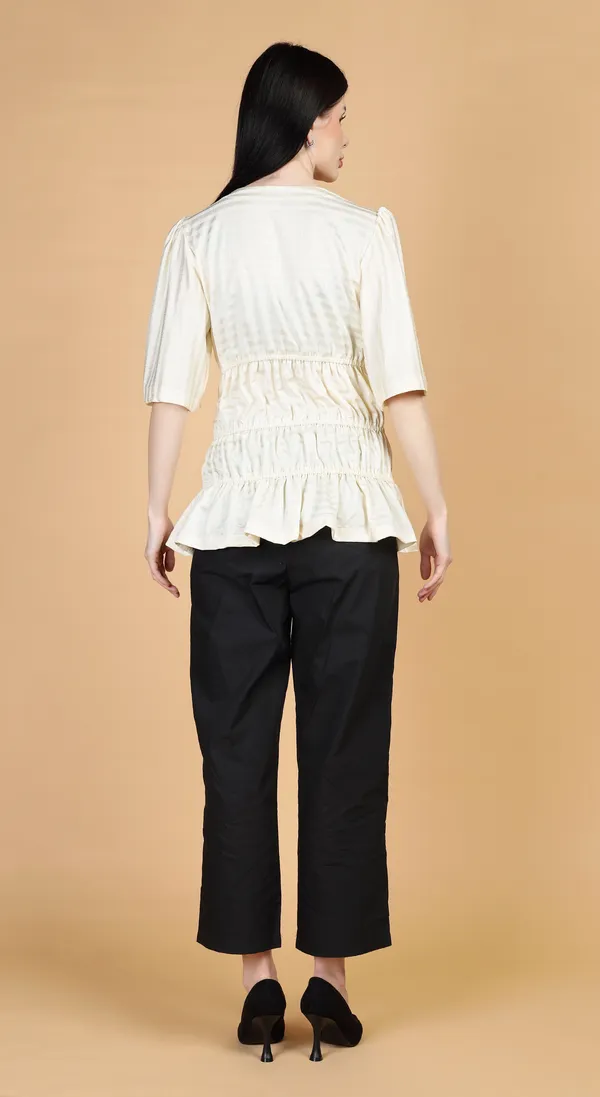 Cream_Knitted_Premium_Luxurious_Viscose_self_stripe_Half_Sleeve_Top_with_Complimentary_Scrunchie