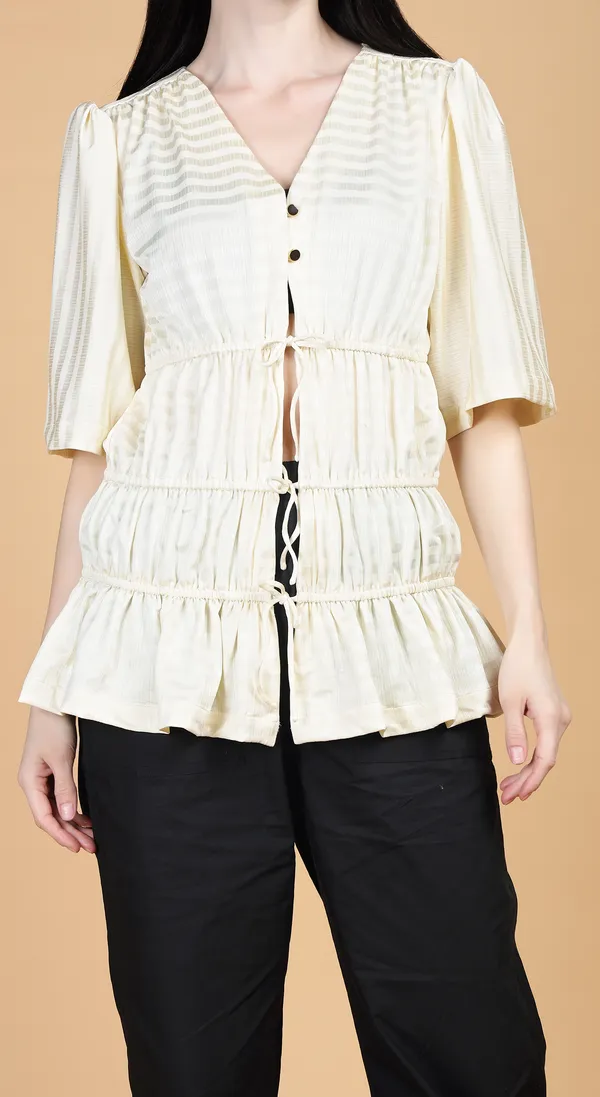 Cream_Knitted_Premium_Luxurious_Viscose_self_stripe_Half_Sleeve_Top_with_Complimentary_Scrunchie
