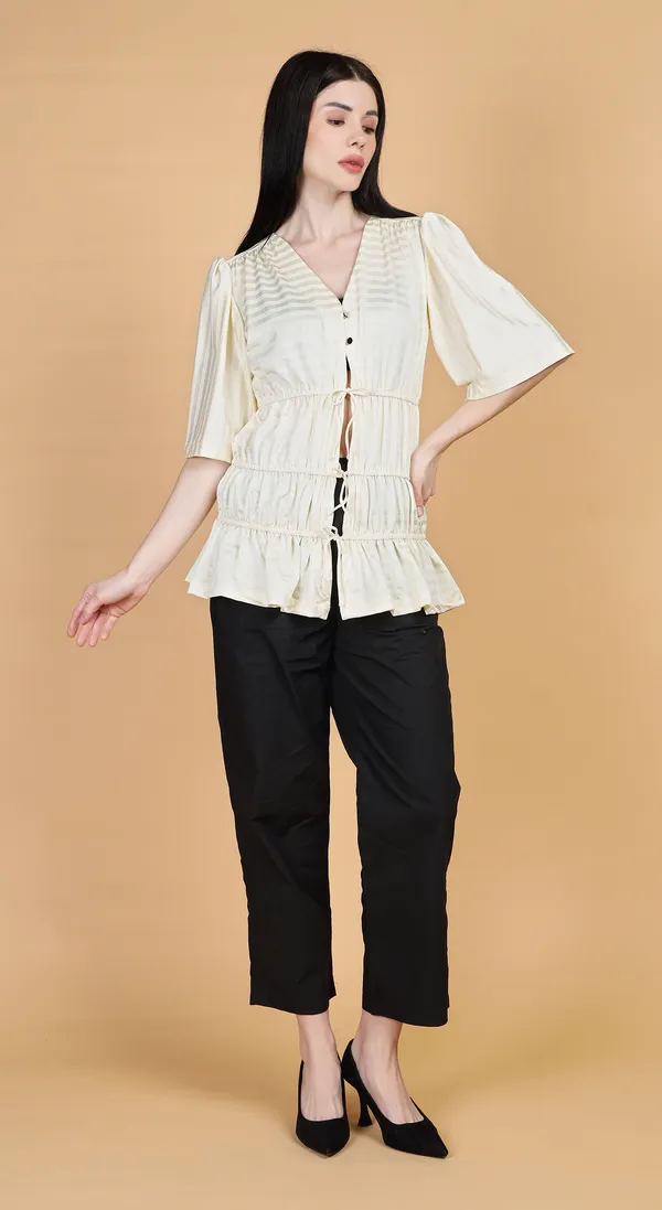 Cream_Knitted_Premium_Luxurious_Viscose_self_stripe_Half_Sleeve_Top_with_Complimentary_Scrunchie