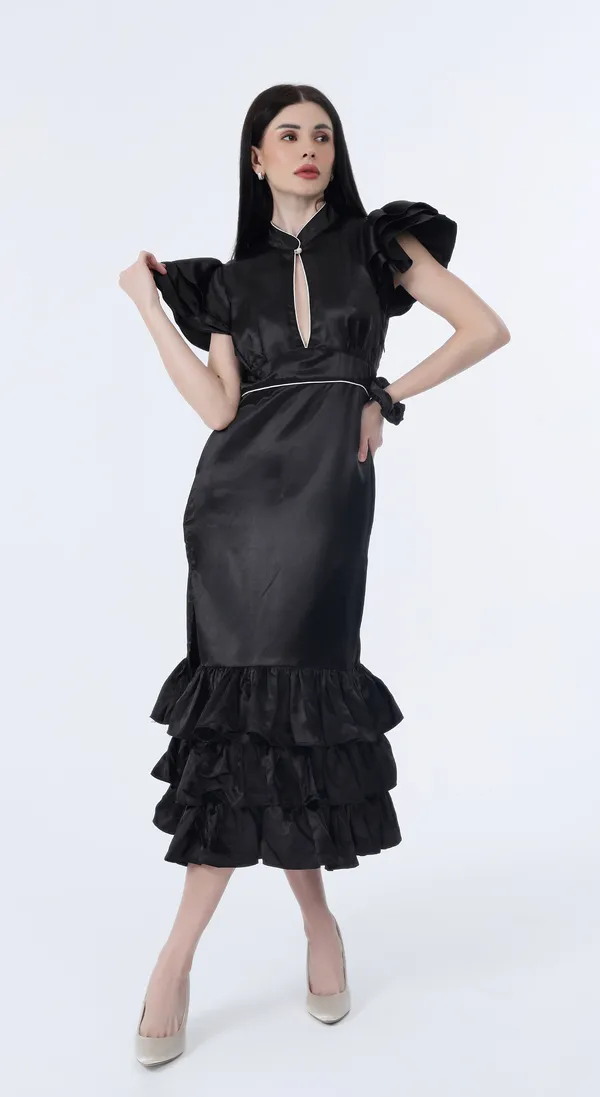 Black_Woven_Premium_Polyester_Silky_Smooth_Satin_Long_Party_wear_Dress_with_Complimentary_Scrunchie