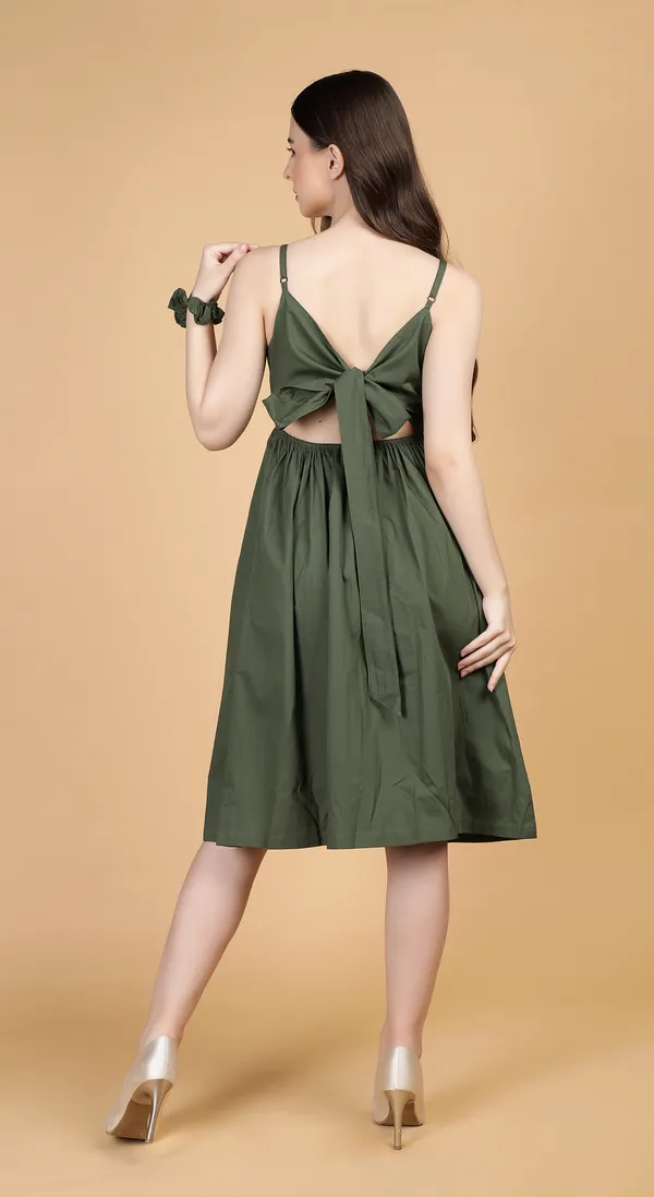 Olive_Cotton_A_Line_Dress_with_Elastic_Bust_and_Complimentary_Scrunchie