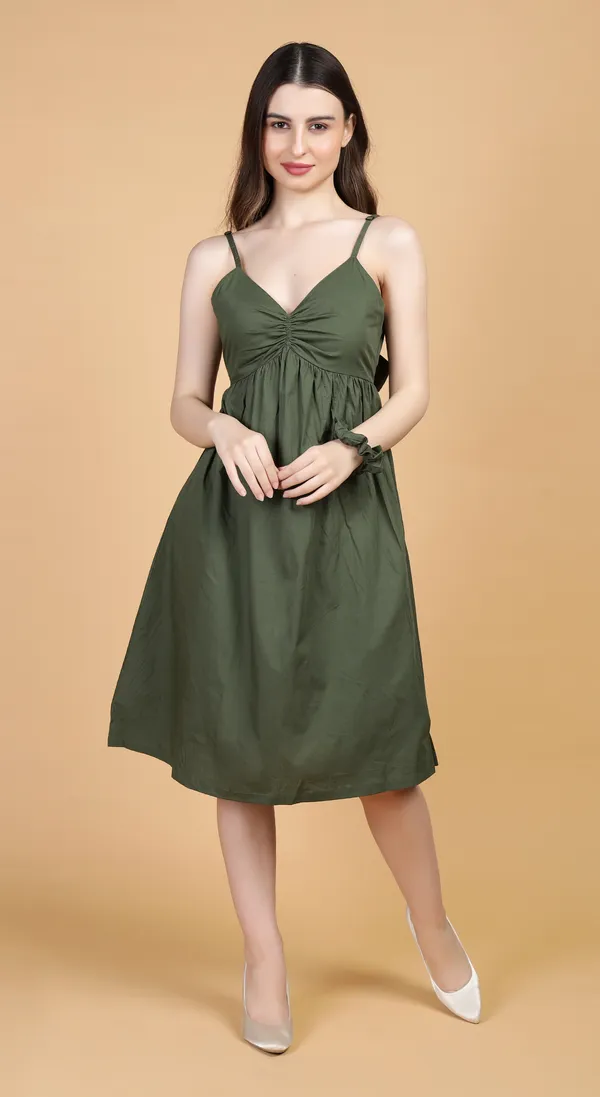 Olive_Cotton_A_Line_Dress_with_Elastic_Bust_and_Complimentary_Scrunchie