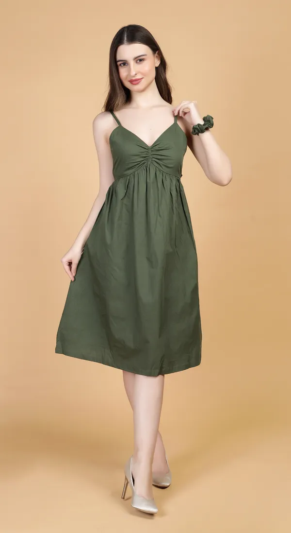 Olive_Cotton_A_Line_Dress_with_Elastic_Bust_and_Complimentary_Scrunchie