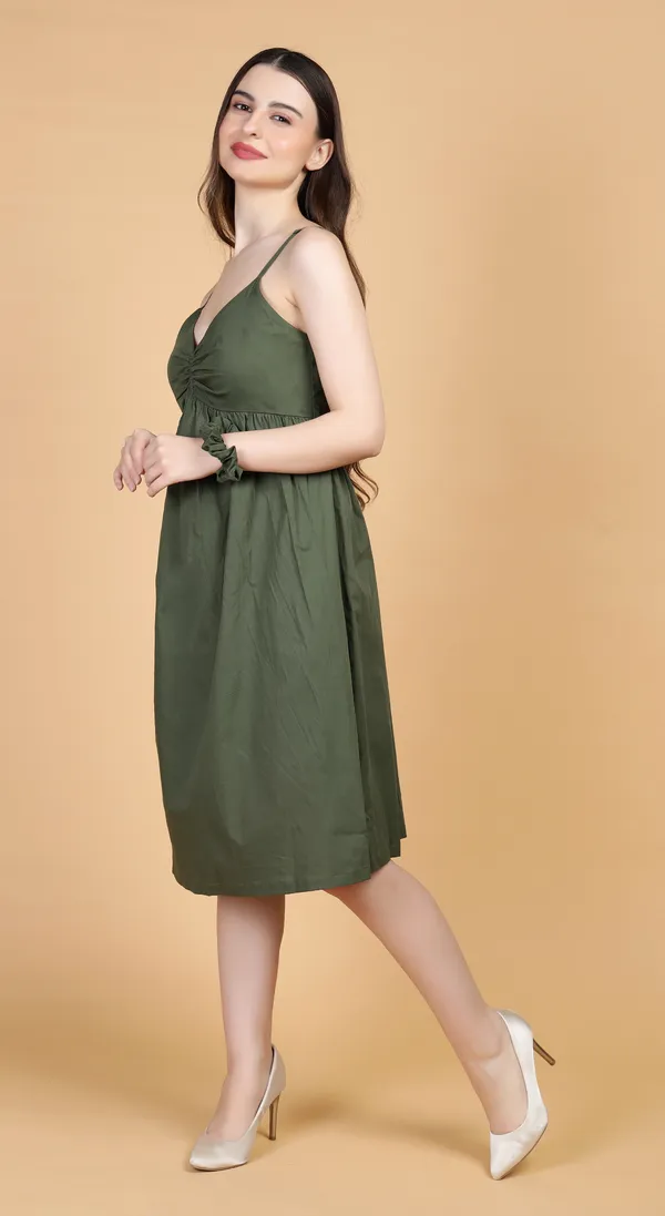 Olive_Cotton_A_Line_Dress_with_Elastic_Bust_and_Complimentary_Scrunchie