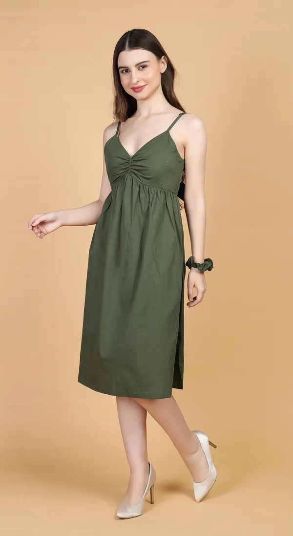 Olive_Cotton_A_Line_Dress_with_Elastic_Bust_and_Complimentary_Scrunchie