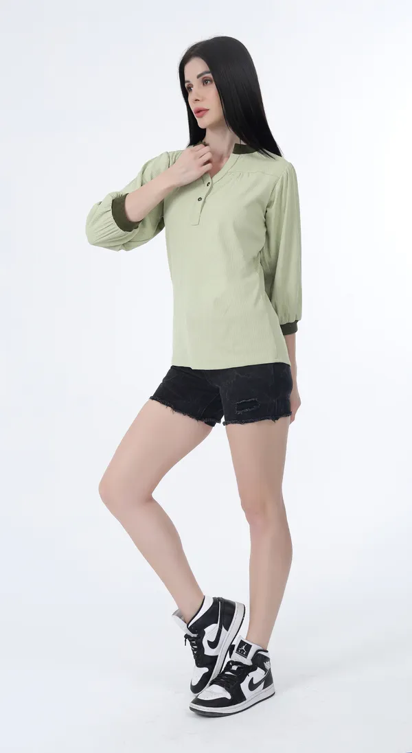 Lime_Knitted_Premium_Polyester_Top_with_buttons_and_rib_at_collar_with_Complimentary_Scrunchie
