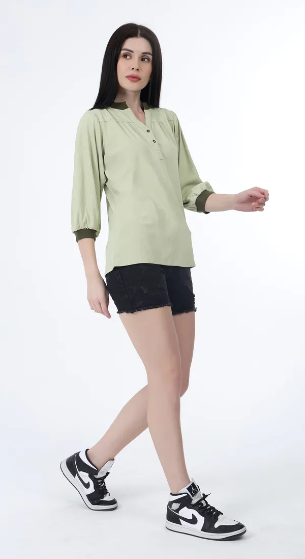 Lime_Knitted_Premium_Polyester_Top_with_buttons_and_rib_at_collar_with_Complimentary_Scrunchie