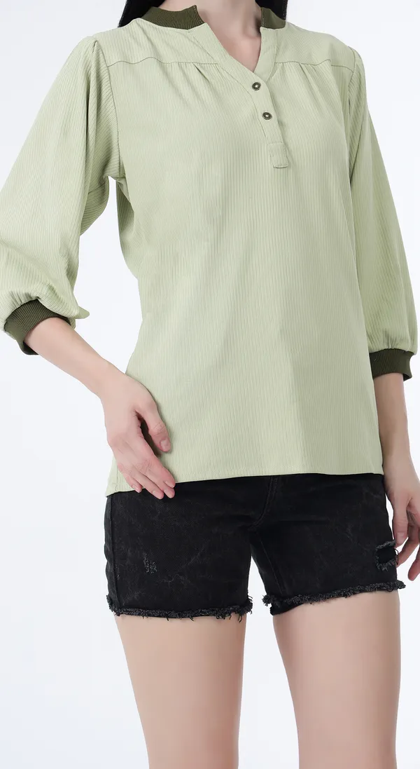 Lime_Knitted_Premium_Polyester_Top_with_buttons_and_rib_at_collar_with_Complimentary_Scrunchie