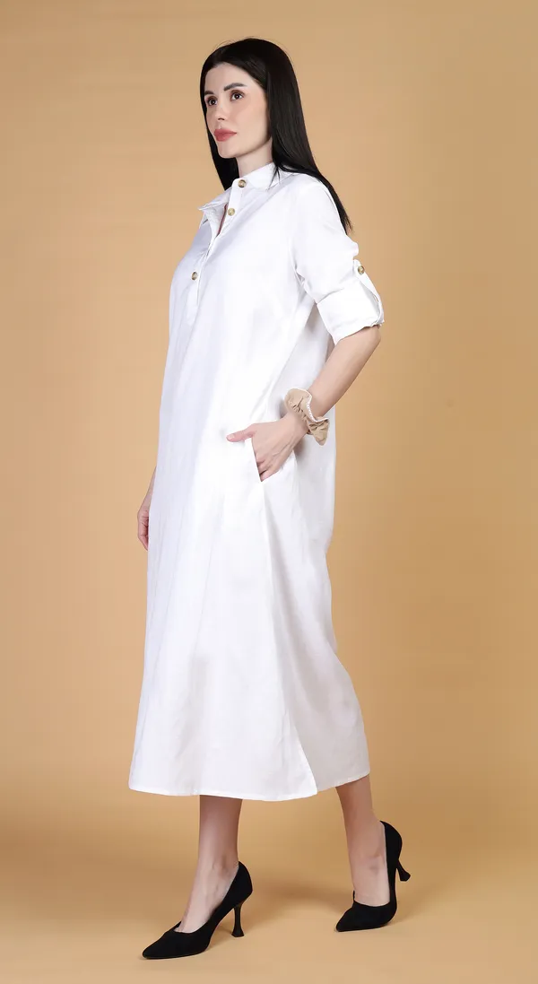 White_Woven_Premium_Linen_Cotton_A_Line_Shirt_Dress_and_Complimentary_Scrunchie
