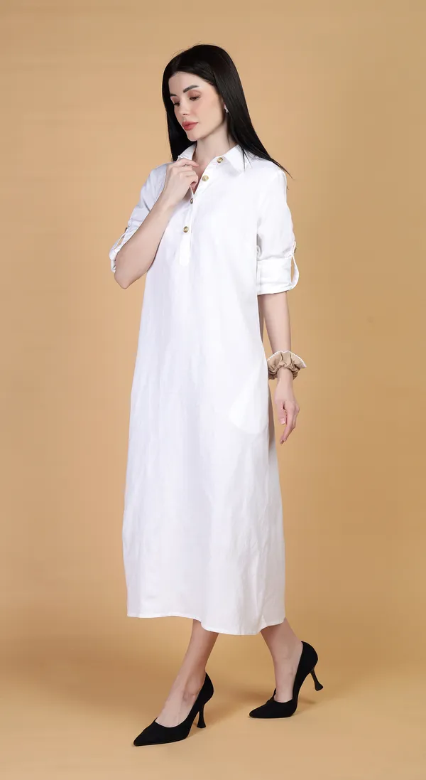 White_Woven_Premium_Linen_Cotton_A_Line_Shirt_Dress_and_Complimentary_Scrunchie