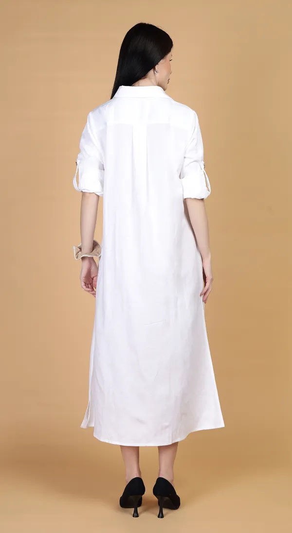 White_Woven_Premium_Linen_Cotton_A_Line_Shirt_Dress_and_Complimentary_Scrunchie