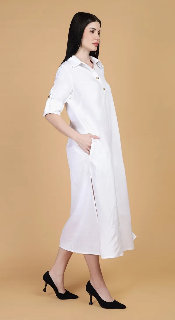 White_Woven_Premium_Linen_Cotton_A_Line_Shirt_Dress_and_Complimentary_Scrunchie
