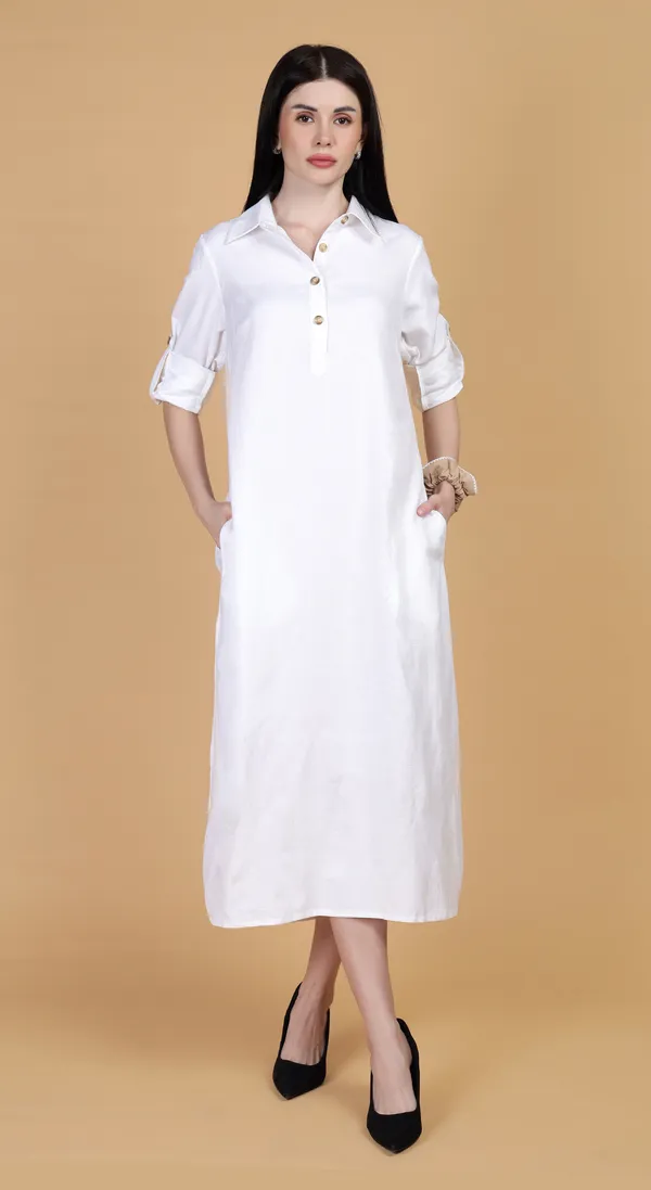White_Woven_Premium_Linen_Cotton_A_Line_Shirt_Dress_and_Complimentary_Scrunchie