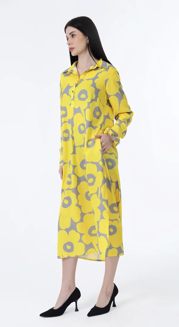 Yellow_Woven_Premium_Polyester_A_line_Shirt_Dress_with_side_pockets_and_Complimentary_Scrunchie